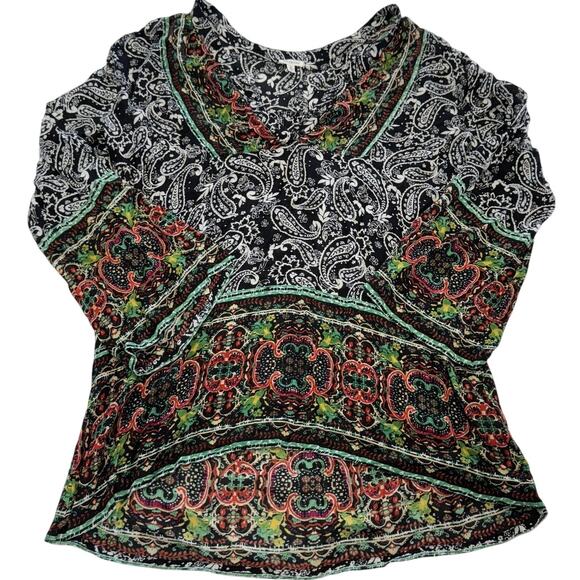 En Creme Shirt Womens Small Black Multicolor Boho Paisley Rayon V Neck Tunic Top - Picture 1 of 7